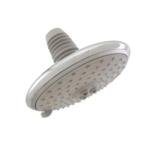 Kopfformige Brause von Hansgrohe in chromfarbenem Finish, mit einer strukturierten Oberfläche und mehreren Auslassöffnungen zur Wasserverteilung für Deckenmontage.